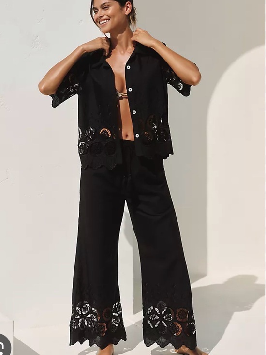 Anthropologie Pants - Anthropologie Black Eyelet-Trim Wide-Leg Pants by Mahila
